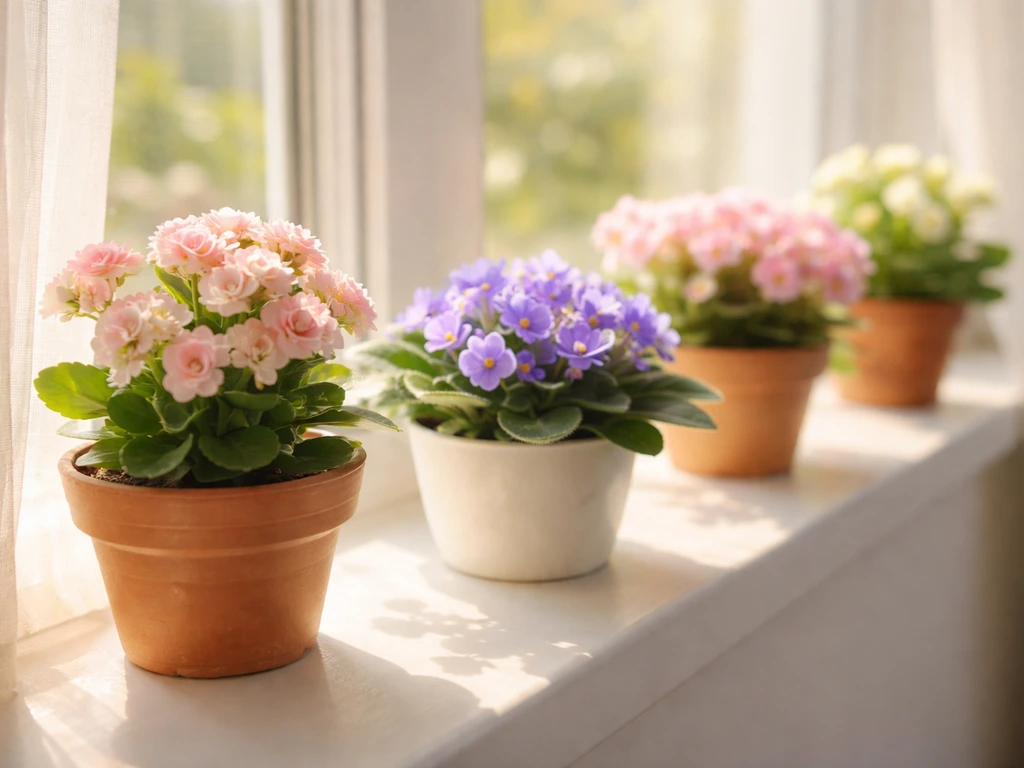 Bright windowsill with potted flowering plants and healthy blooms in natural indoor light