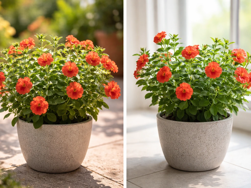 Side-by-side of a flowering plant in bright outdoor light vs indoors by a window, showing different lighting.