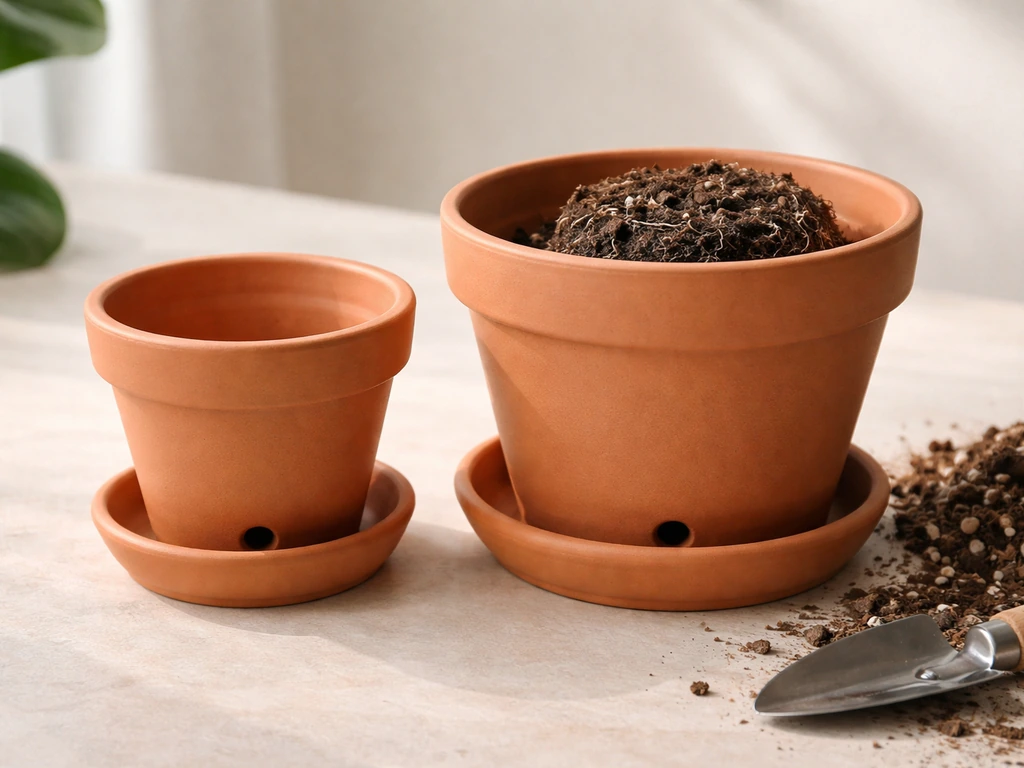 Indoor flowering plant pots on a small tray showing drainage holes and saucer runoff setup