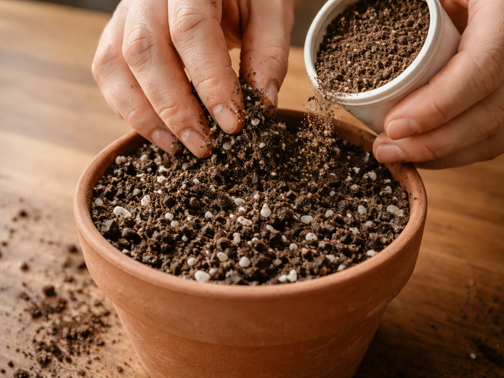 Close-up of perlite-amended potting mix being hand-mixed in a pot indoors.