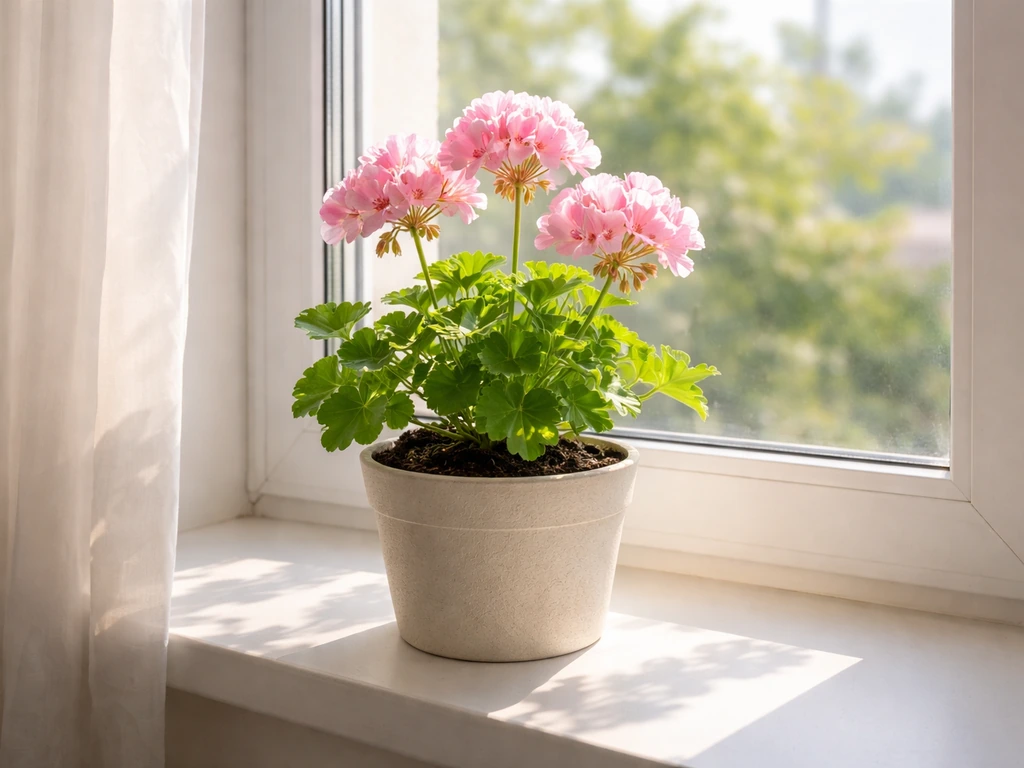 Blooming potted plant beside a bright south-facing window with sunlight illuminating its leaves.