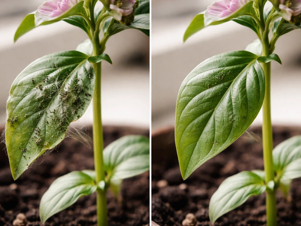 Close-up of indoor plant leaves showing subtle pest damage beside a cleaner leaf after treatment.