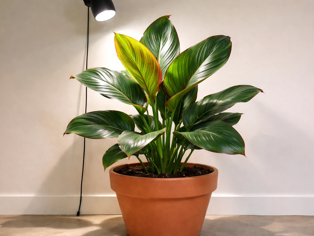 Bright indoor canna plant in an oversized pot under strong supplemental grow light