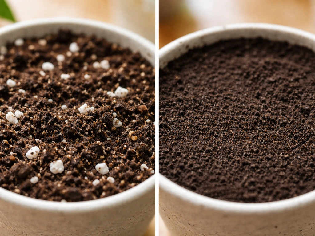 Close-up comparison of airy potting mix with perlite versus dense compacted garden soil for drainage