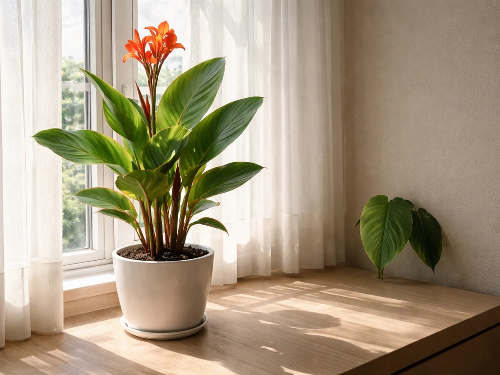 Healthy canna near a bright south-facing window with a darker area showing weaker growth cues.