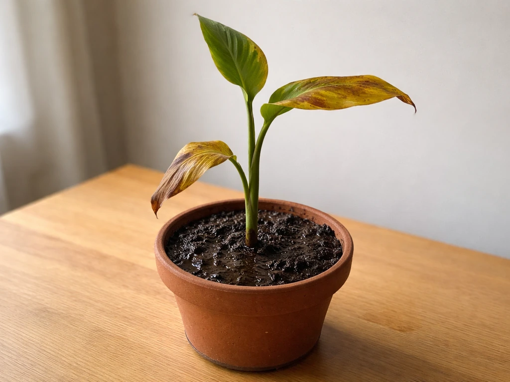 Yellowing canna leaves beside a visibly damp, waterlogged potting mix surface in a simple indoor setting.