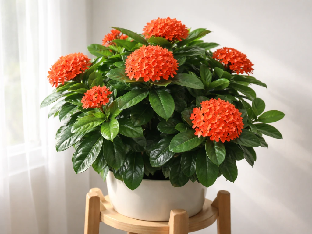 Vibrant ixora plant in bloom near a bright window with glossy green leaves and flower clusters indoors.