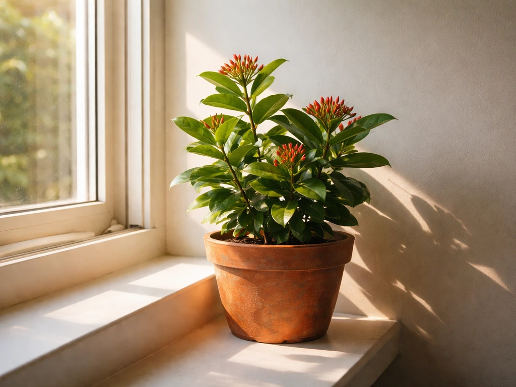 Ixora in a terracotta pot on a bright windowsill with direct sun rays streaming in.