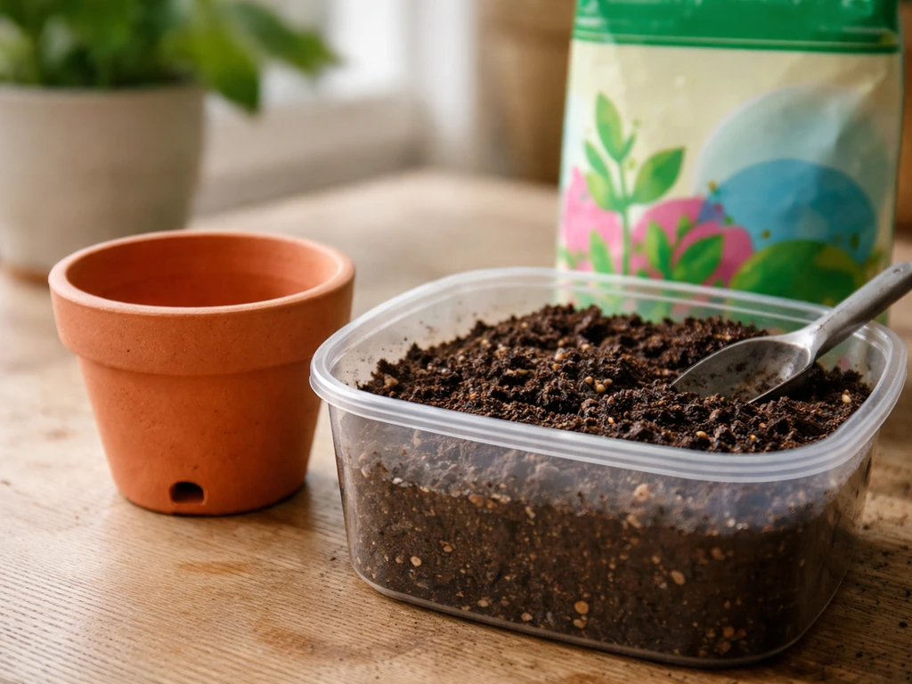 Close-up of terracotta pot with drainage hole, beside acidic potting mix and fertilizer for acid-loving plants.