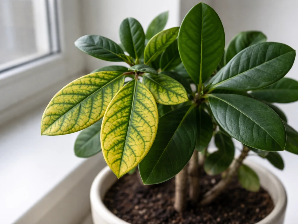 Ixora leaves indoors: yellow chlorosis with green veins beside nearby healthy green foliage.