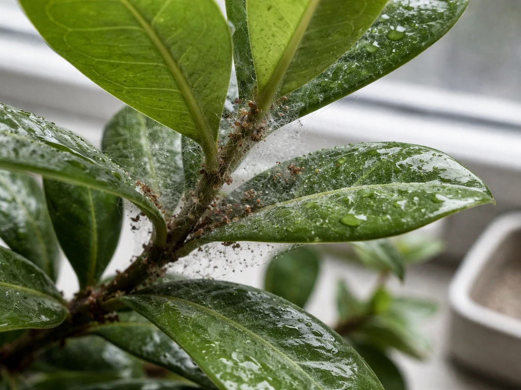 Macro view of ixora leaves with spider mite webbing and scale signs, lightly coated by spray.